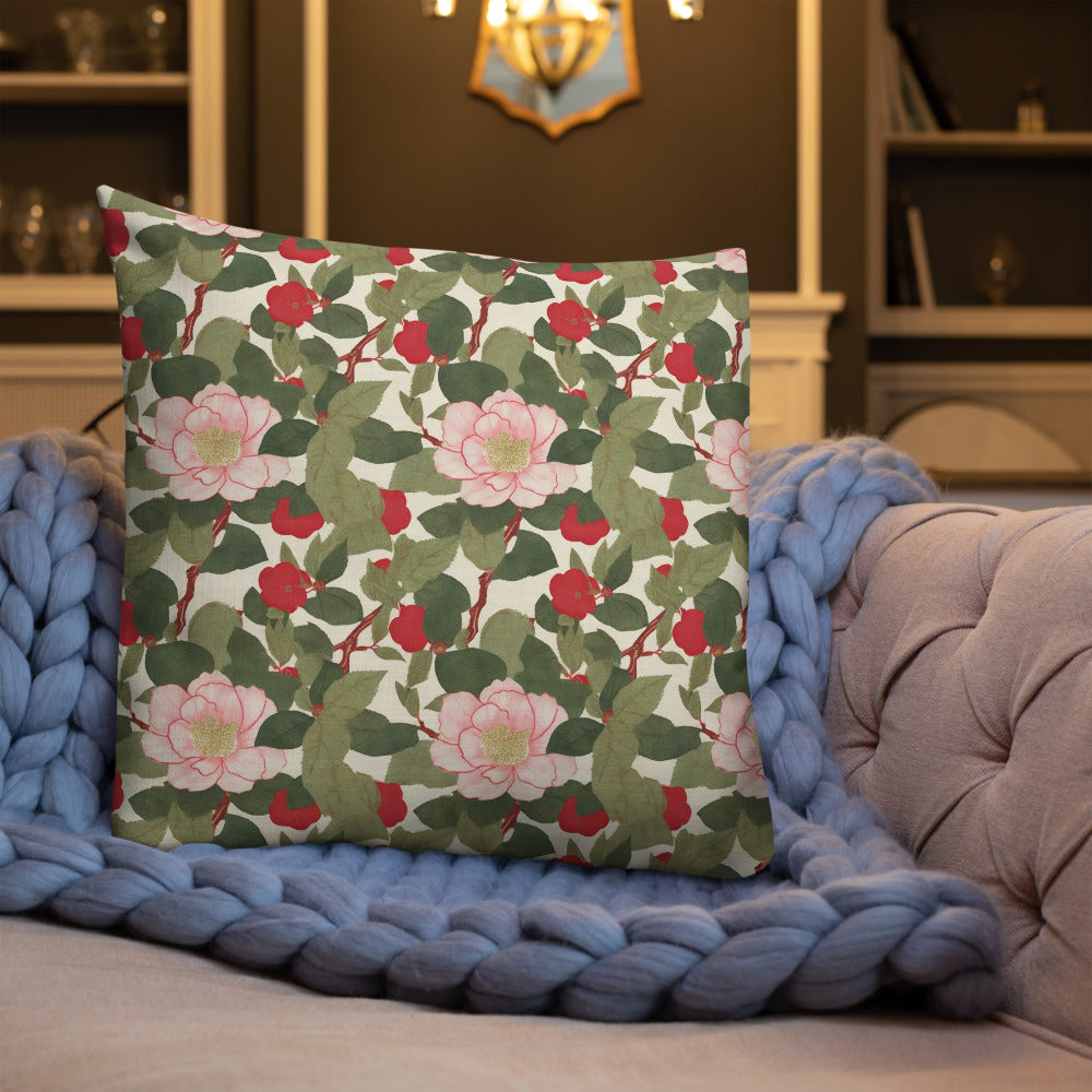 Red Camellia Cushion - shown in a home setting