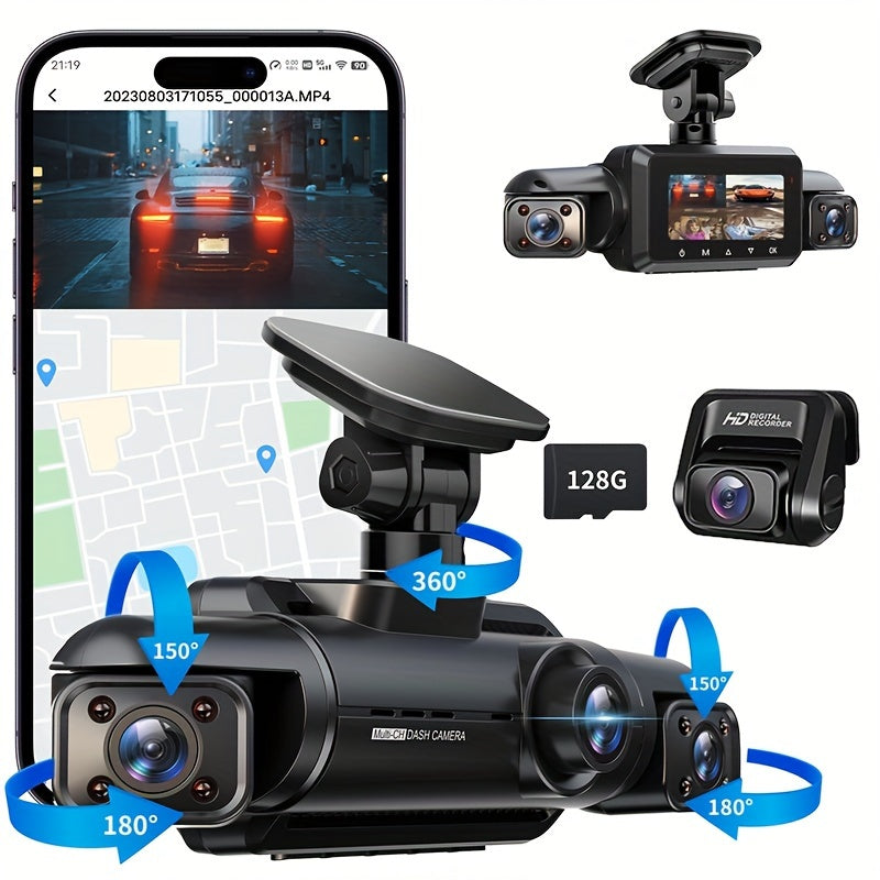 A365 Dash Cam, 4 Channel Camera FHD 1080Px4, Front, Left, Right and Rear, Front and Rear Inside, Built in GPS WiFi, Support 256 GB Max, Free 64GB Card, A365-4CH