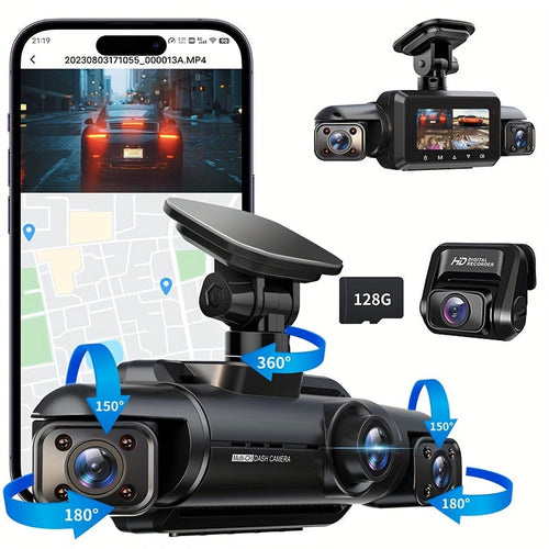 A365 Dash Cam, 4 Channel Camera FHD 1080Px4, Front, Left, Right and Rear, Front and Rear Inside, Built in GPS WiFi, Support 256 GB Max, Free 64GB Card, A365-4CH