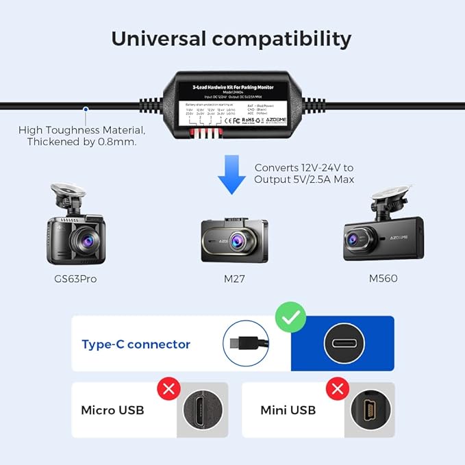 AZDOME JYX05 3-Lead Acc Hardwire Kit Type-C Port