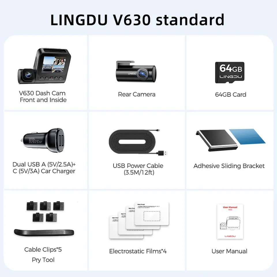 LINGDU 4K 3 Channel Wireless Dash Camera with Free 64GB Card,4K+1080P+1080P Front Inside and Rear Triple Car Camera,IR Night Vision, Voice Control,Build-in GPS 24H Parking Mode, Easy to Install（V630）