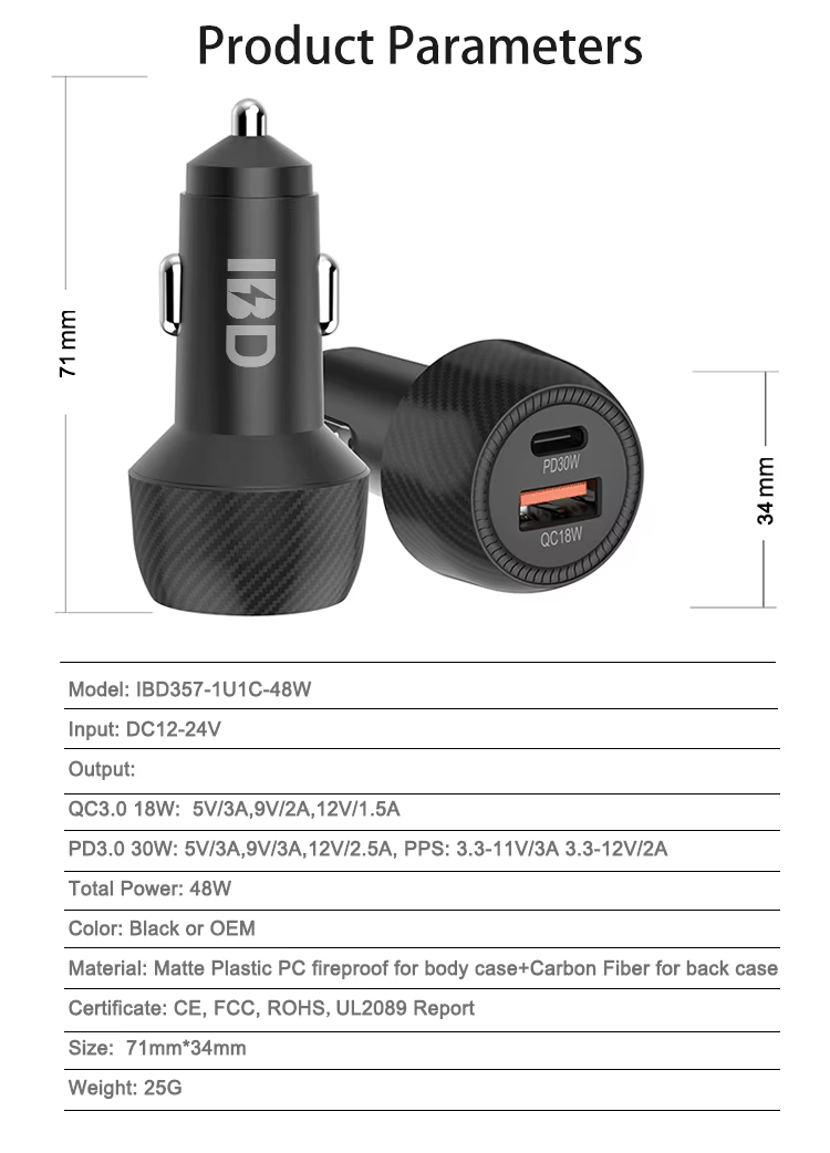 Dual Port Car Charger - PD 30W & QC 18W Fast Charging with Carbon Fiber Design