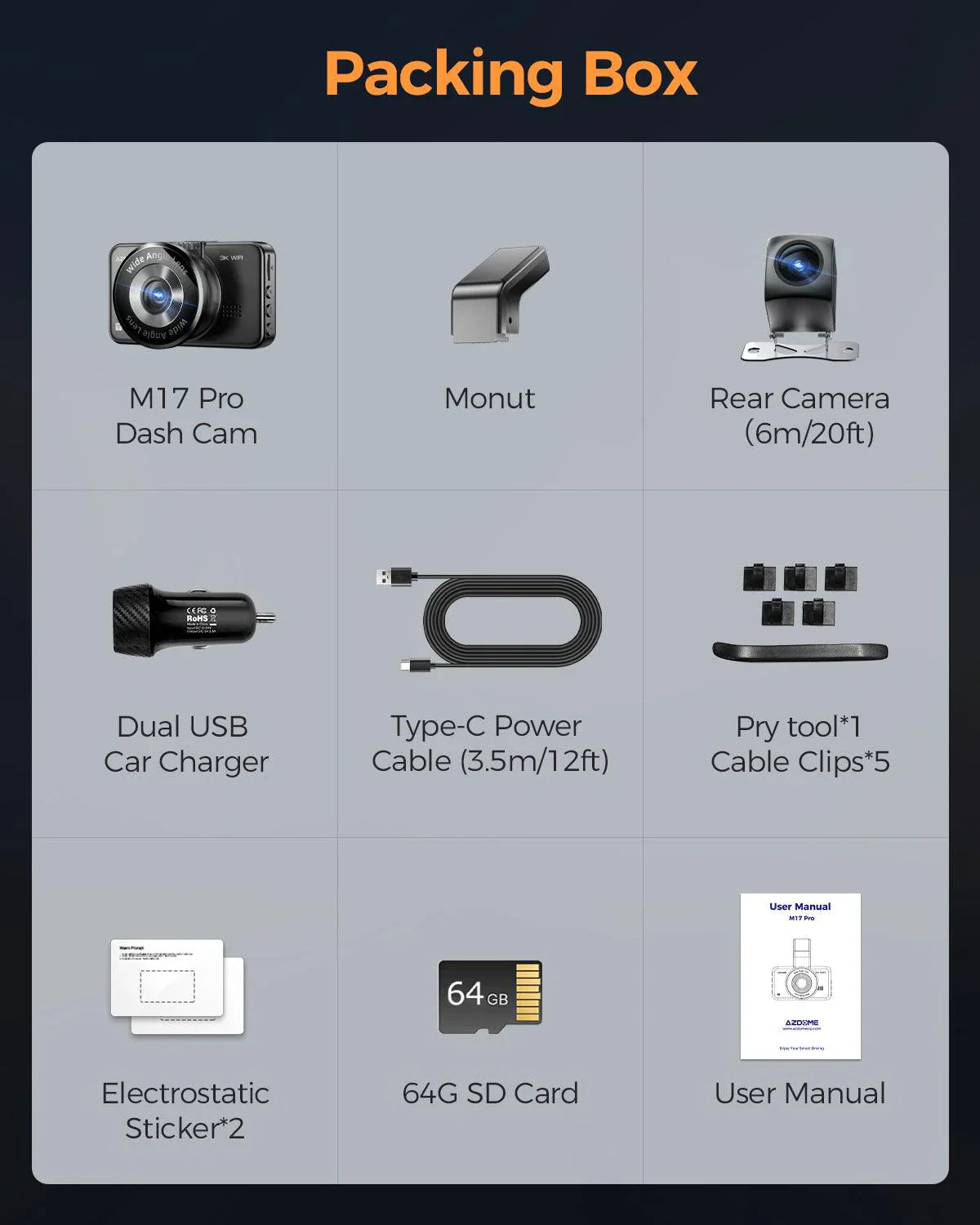 AZDOME M17 Pro 3.0 Inch ADAS Time Lapse Front and Rear 1080p Dual Lens Car Dashboard Camera App Control Car Camera