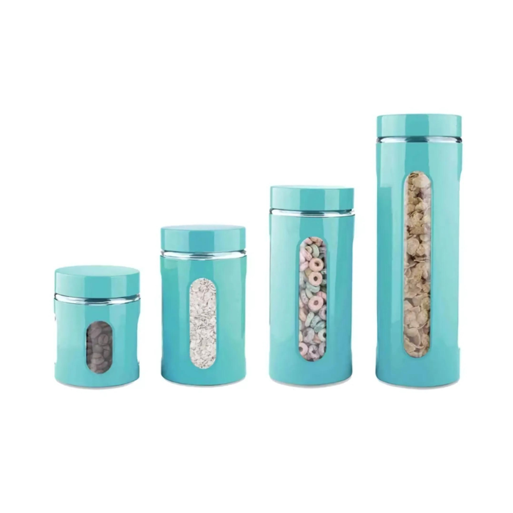 Ensemble de 4 Bocaux Cylindriques en Verre avec Fenêtre Transparente de Home Basics (Turquoise)