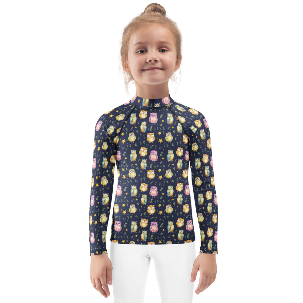 Sleepy Owls Kids Rash Guard - watercolour print