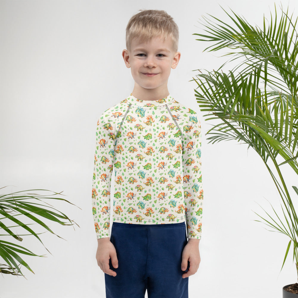 Little Dino Stomp Kids Rash Guard - shown on a child