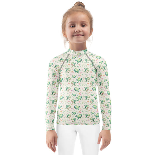 Rainbow Whales Kids Rash Guard - shown on a child