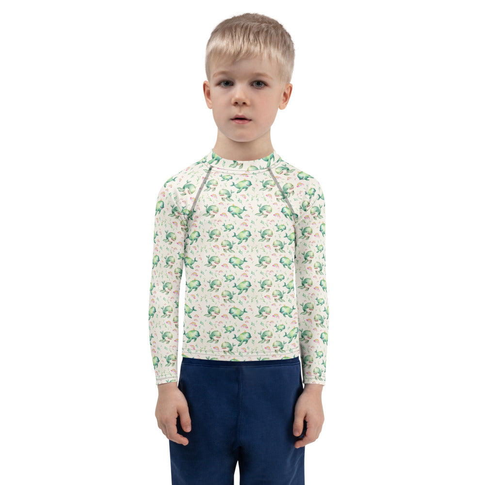 Rainbow Whales Kids Rash Guard - shown on a child