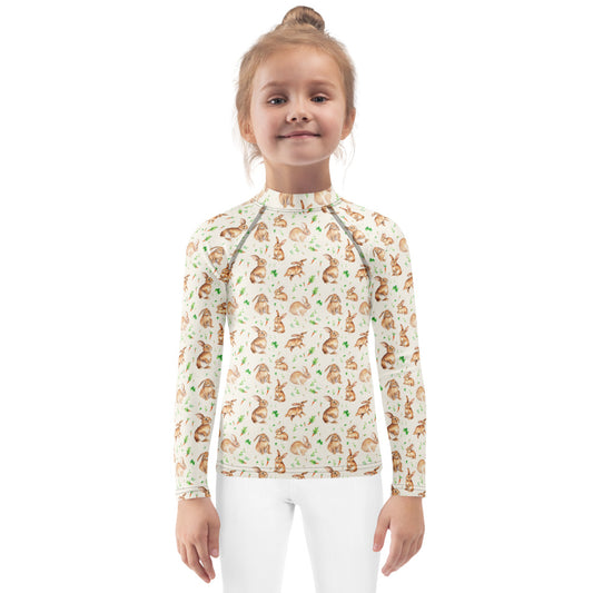 Carrot Patch Bunnies Kids Rash Guard - shown on a child