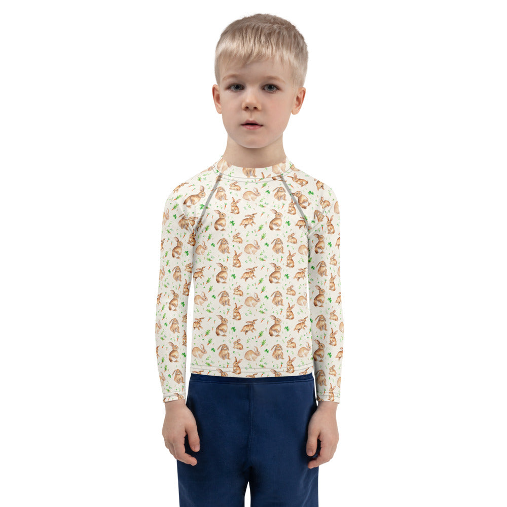 Carrot Patch Bunnies Kids Rash Guard - shown on a child