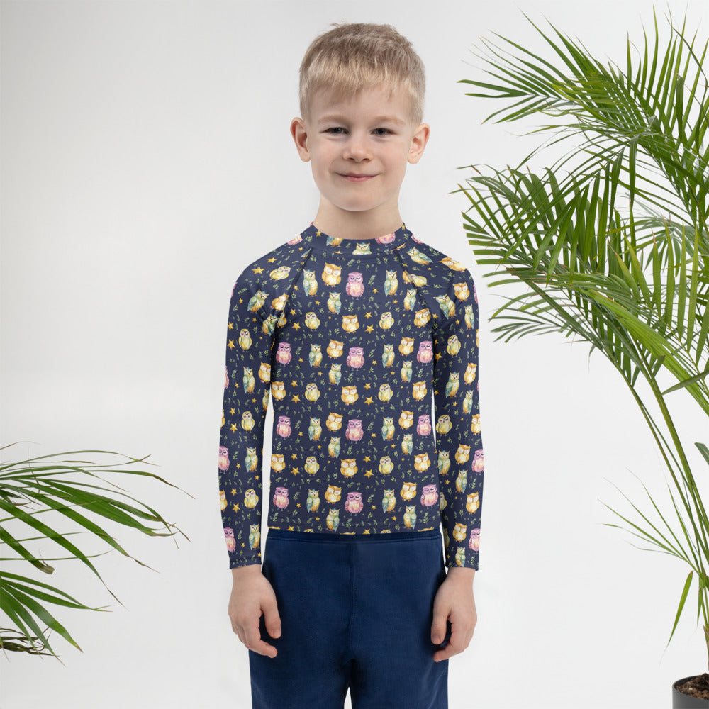 Sleepy Owls Kids Rash Guard - shown on a child