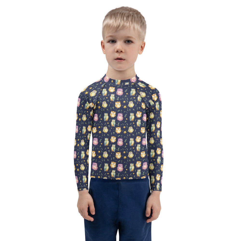 Sleepy Owls Kids Rash Guard - shown on a child