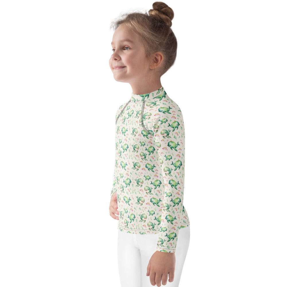 Rainbow Whales Kids Rash Guard - shown on a child