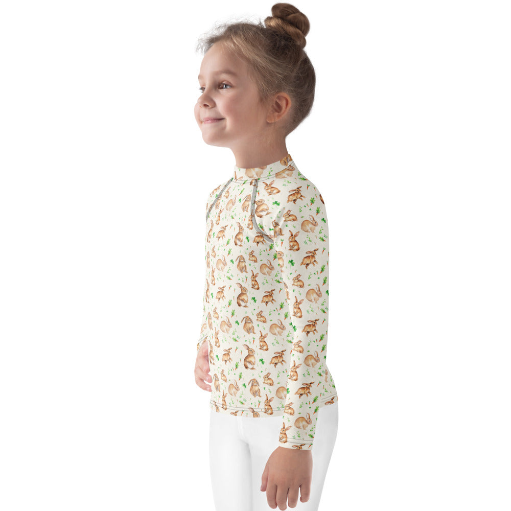 Carrot Patch Bunnies Kids Rash Guard - shown on a child