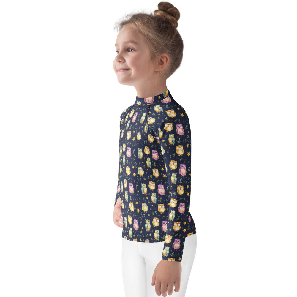 Sleepy Owls Kids Rash Guard - shown on a child