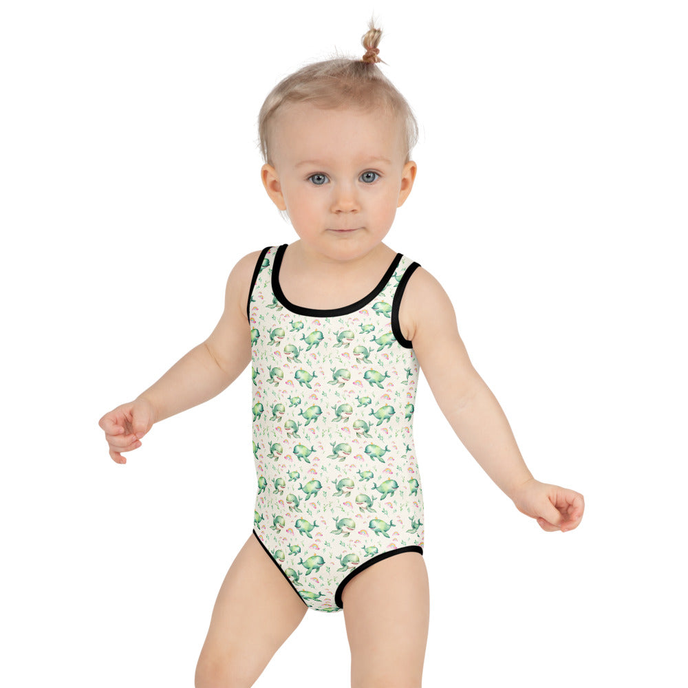Rainbow Whales Kids Swimsuit - shown on a child