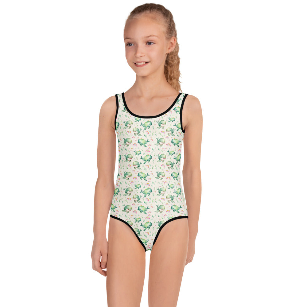 Rainbow Whales Kids Swimsuit - shown on a child