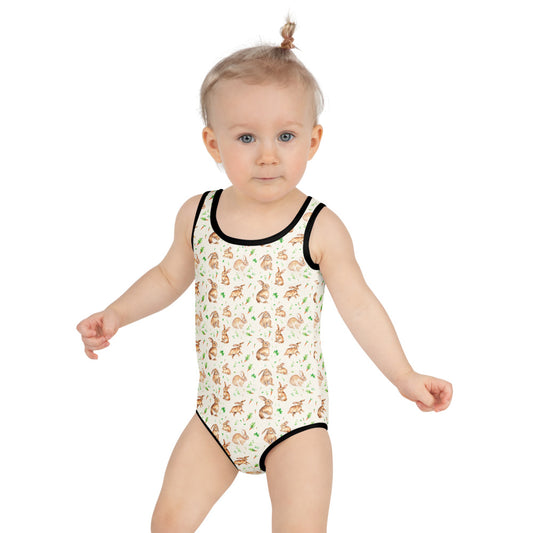 Carrot Patch Bunnies Kids Swimsuit - shown on a child
