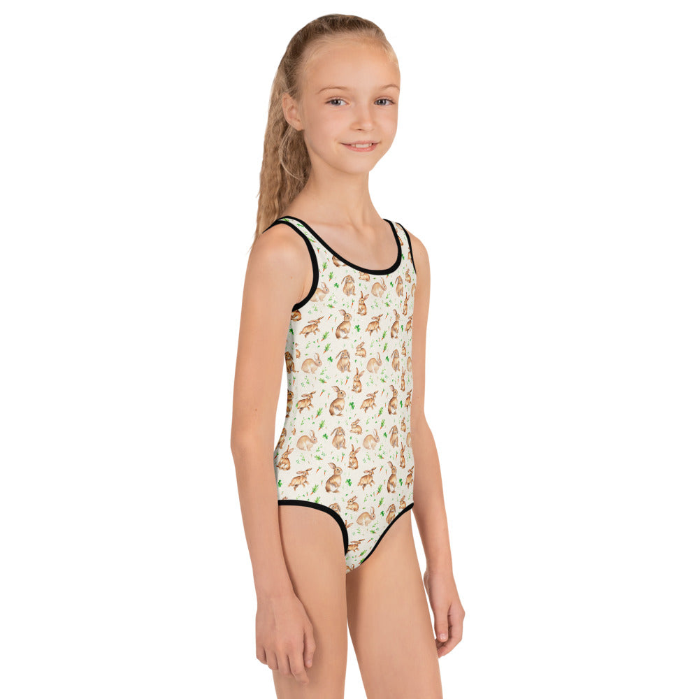 Carrot Patch Bunnies Kids Swimsuit - shown on a child