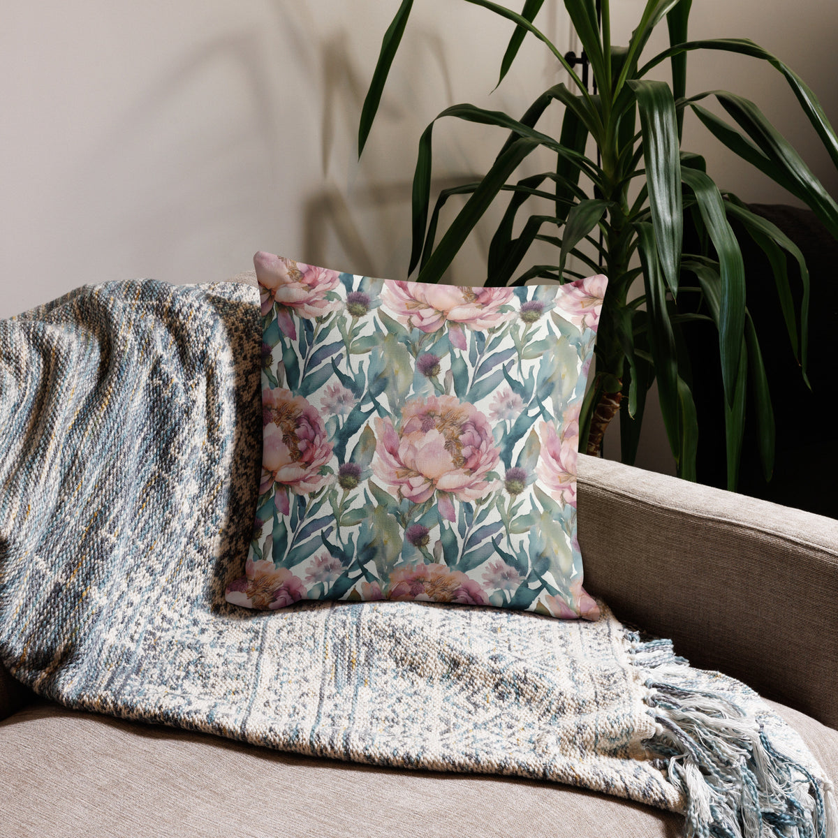 Highland Peony Cushion - watercolour print