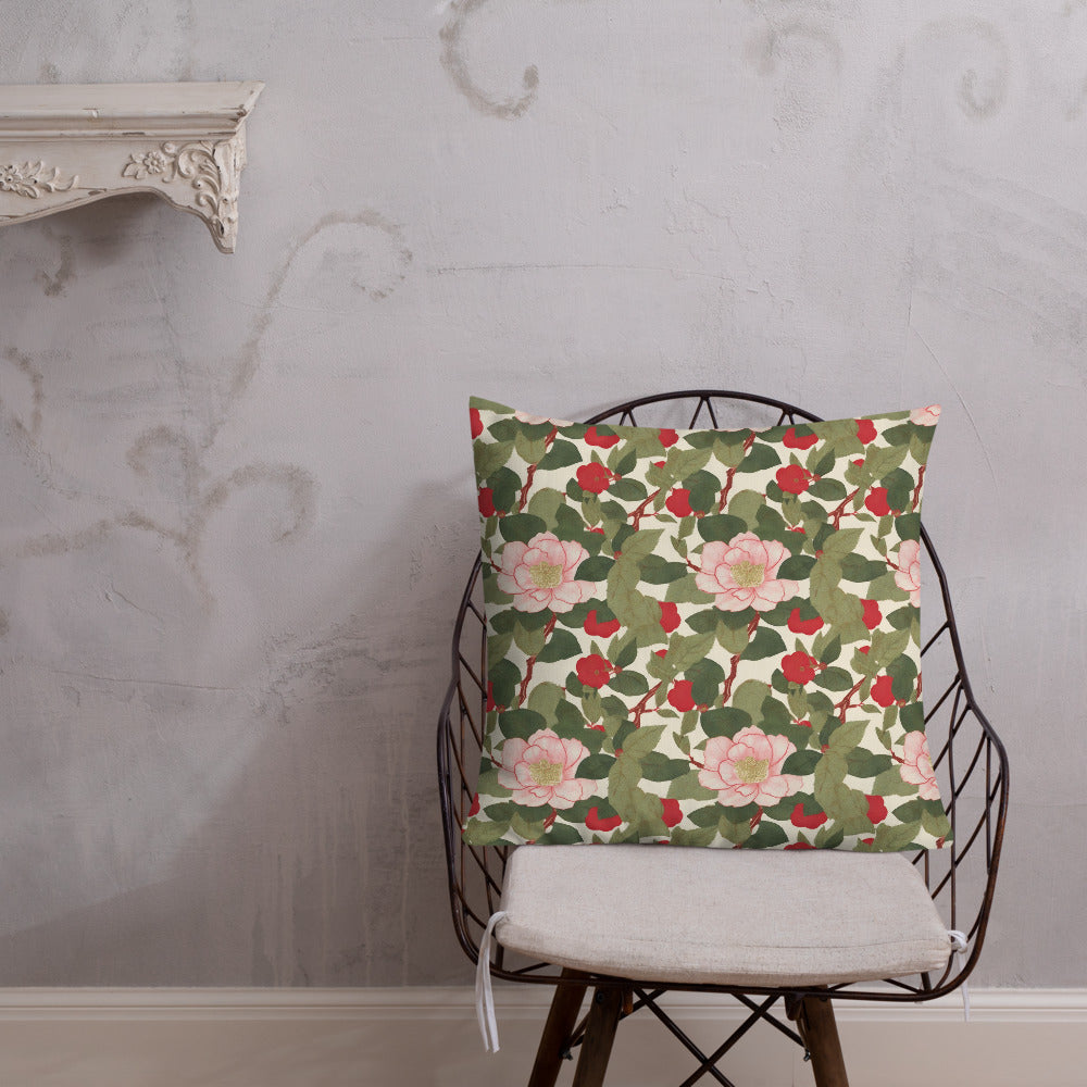 Red Camellia Cushion - shown in a home setting