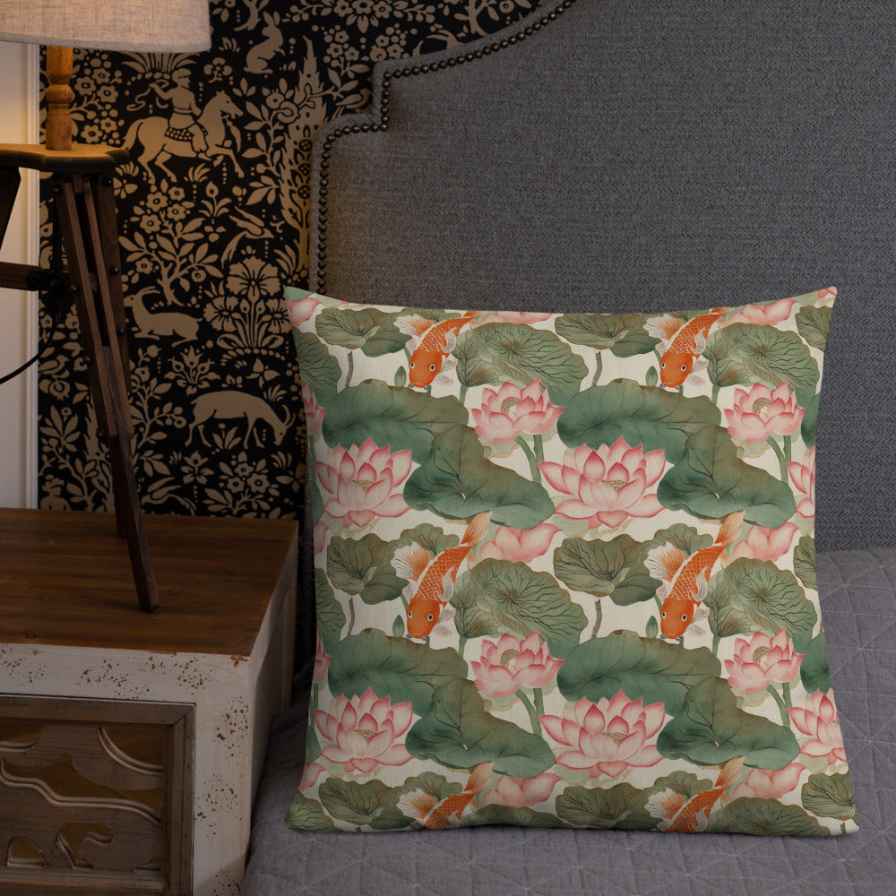 Koi & Lotus Cushion - shown in a home setting