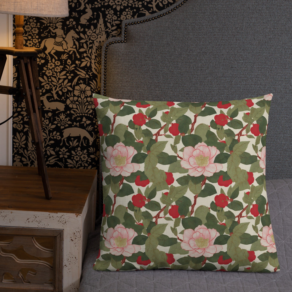 Red Camellia Cushion - shown in a home setting