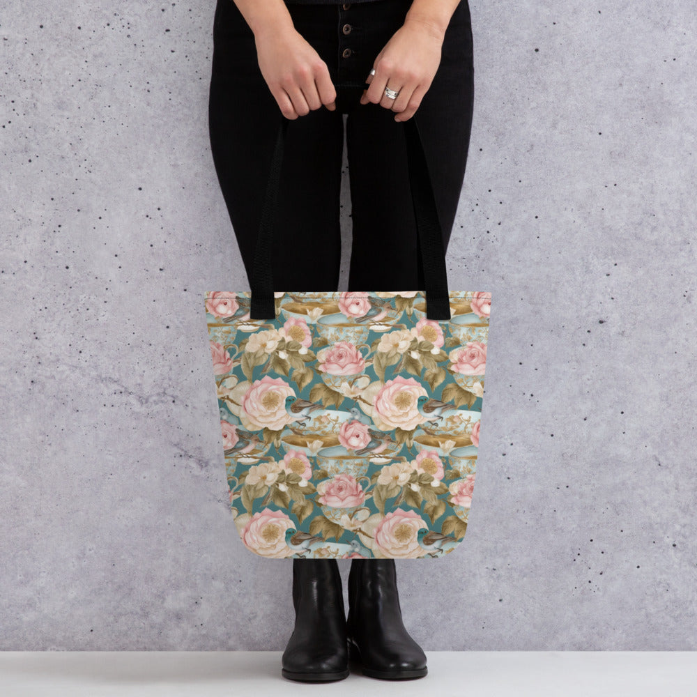 Teatime Roses Tote Bag - shown in a home setting