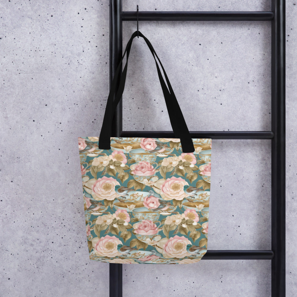 Teatime Roses Tote Bag - shown in a home setting