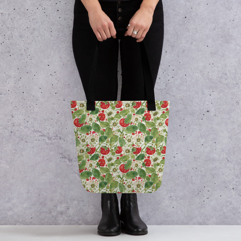 Strawberry & Daisy Tote Bag - shown in a home setting