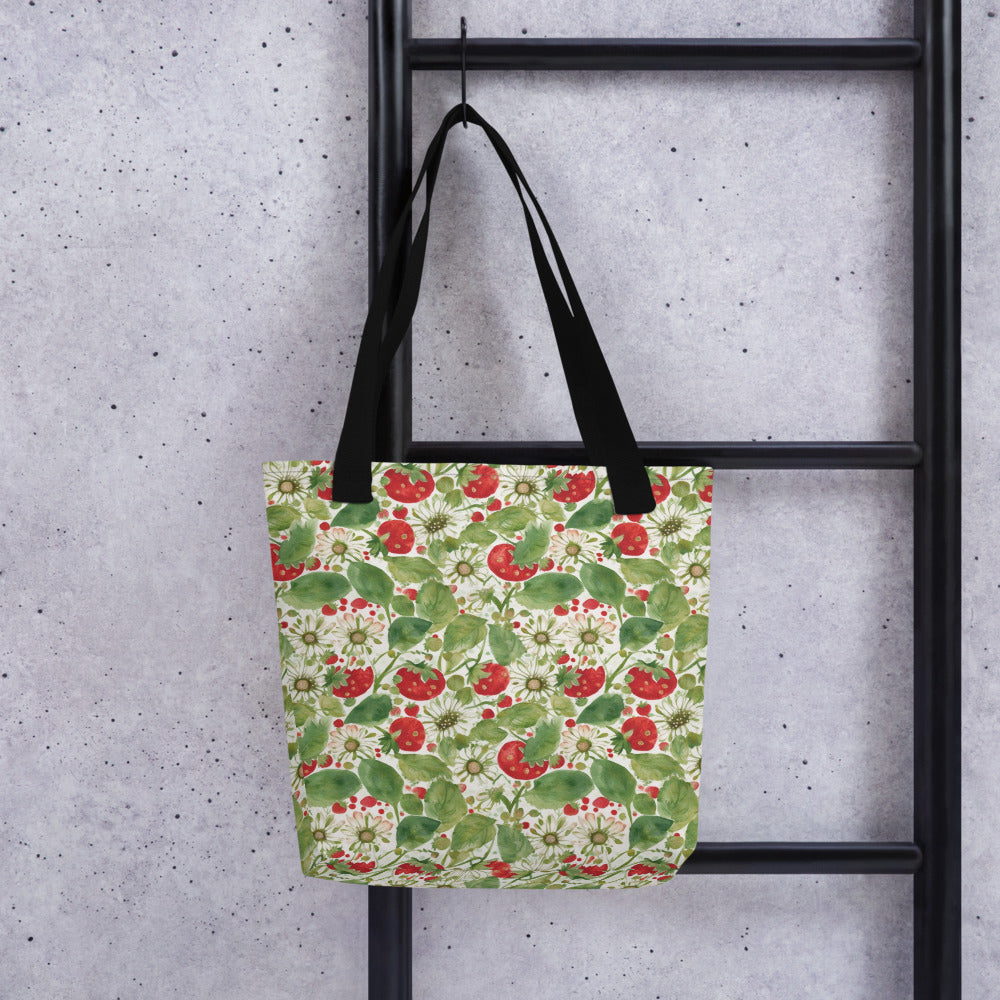 Strawberry & Daisy Tote Bag - shown in a home setting