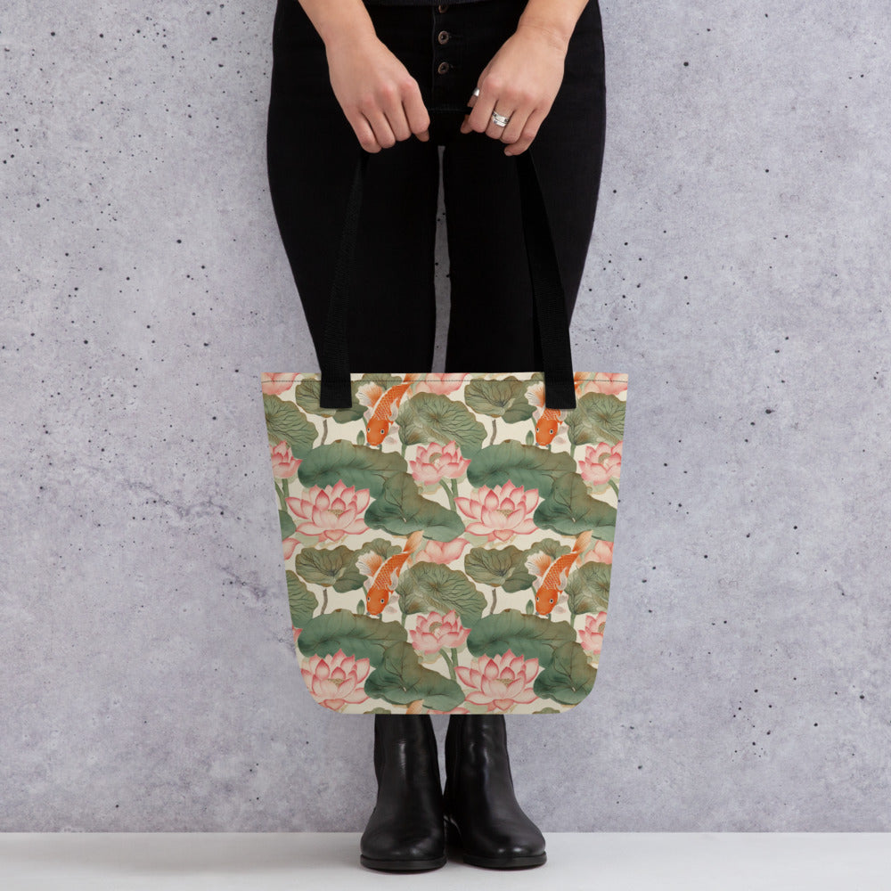 Koi & Lotus Tote Bag - shown in a home setting