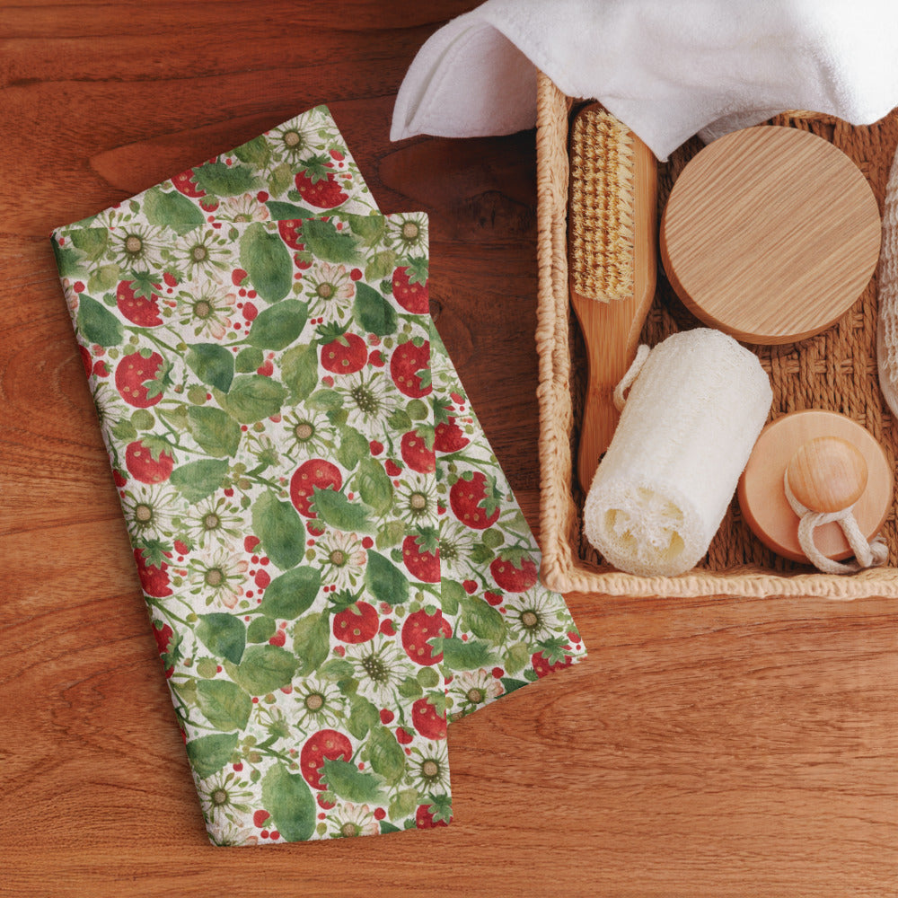 Strawberry & Daisy Tea Towel - shown in a home setting