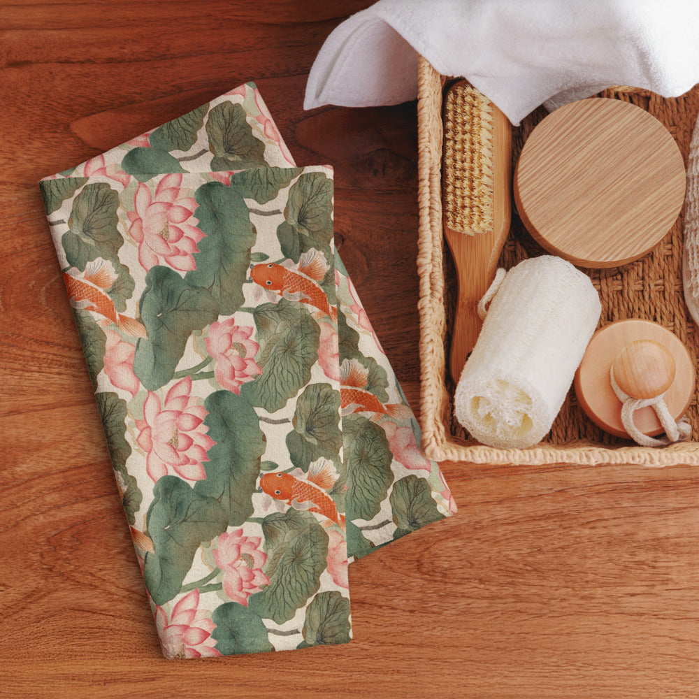 Koi & Lotus Tea Towel - shown in a home setting