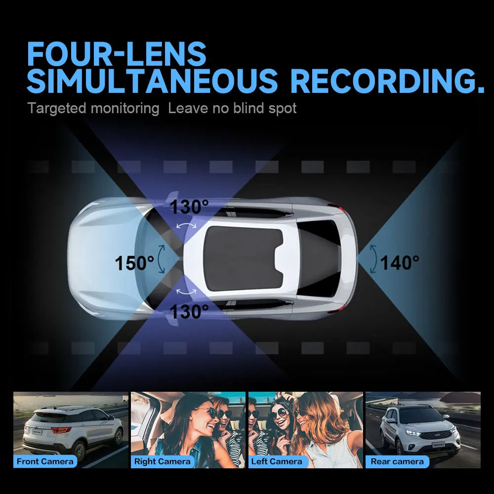 A365 Dash Cam, 4 Channel Camera FHD 1080Px4, Front, Left, Right and Rear, Front and Rear Inside, Built in GPS WiFi, Support 256 GB Max, Free 64GB Card, A365-4CH