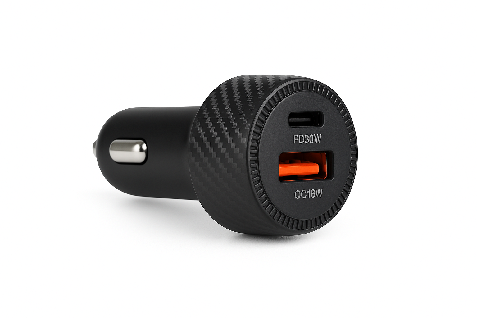 Dual Port Car Charger - PD 30W & QC 18W Fast Charging with Carbon Fiber Design