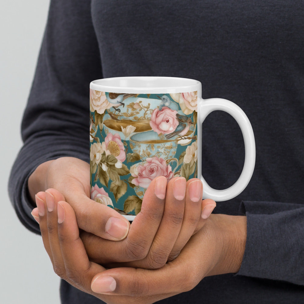 Teatime Roses Mug - shown in a home setting