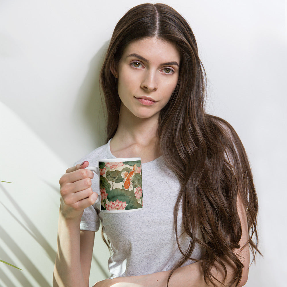 Koi & Lotus Mug - shown in a home setting